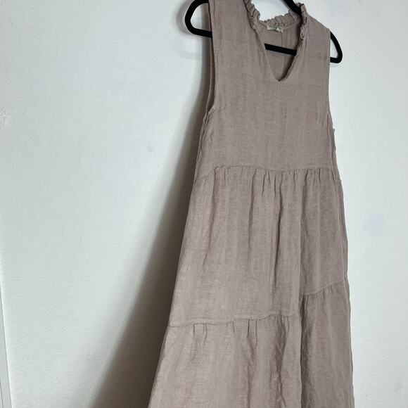 Le Ragazze Sleeveless A-Line Linen Dress, size M, tiered, ruffle collar v-neck - Picture 5 of 8